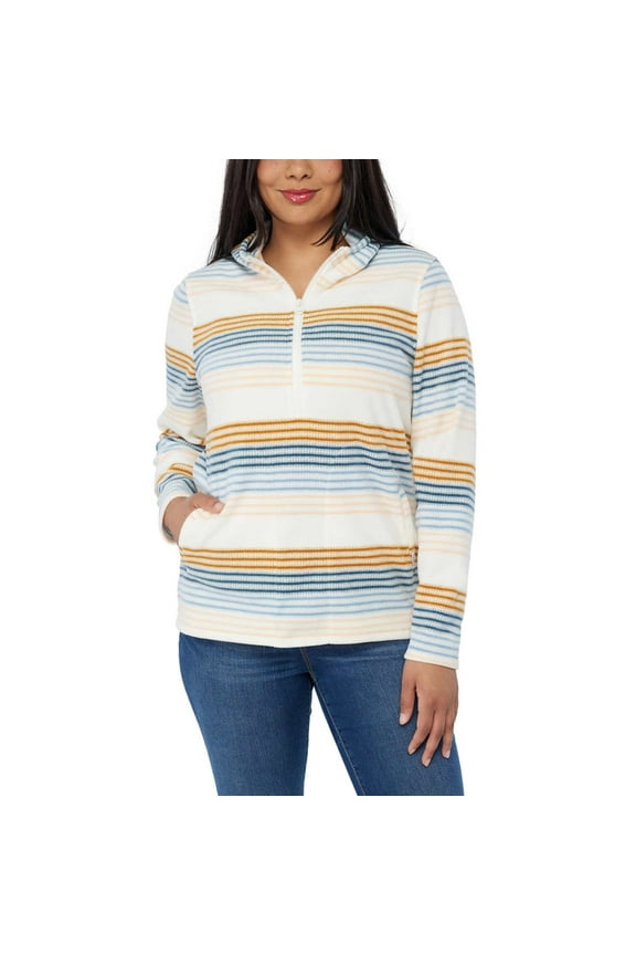 Women's Half Zip Soft Brushed Fleece Front Pockets Polar Hoodie-Cream / L