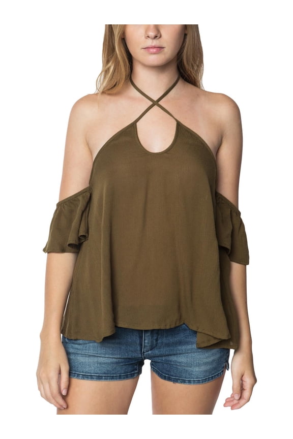Womens Juniors Drifter Cold Shoulder Ruffle Sleeve Halter Top
