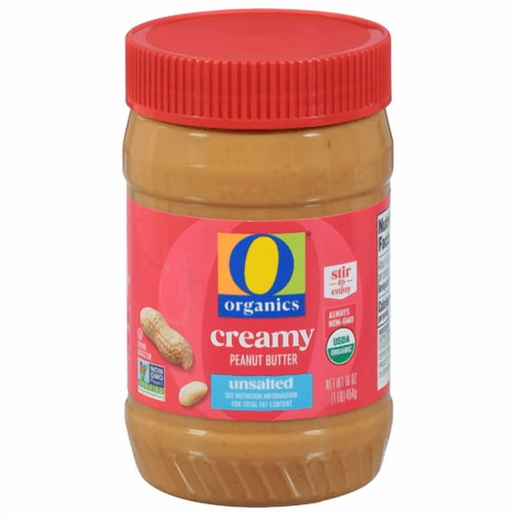 O O Creamy Peanut Butter, Unsalted, Organic, 16 oz