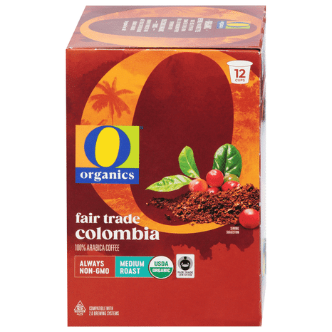 O O Organic Single Serve Cups Medium Roast Colombian 100% Arabica USDA Organic Fair Trade 12-Count