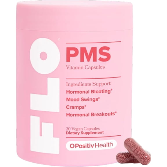 O Positiv FLO PMS Vitamins for Women, 30 Servings (Pack of 1) - Proactive PMS Relief - Targets Hormonal Breakouts, Bloating, Cramps, & Mood Swings with Chasteberry, Vitamin B6, & Lemon Balm