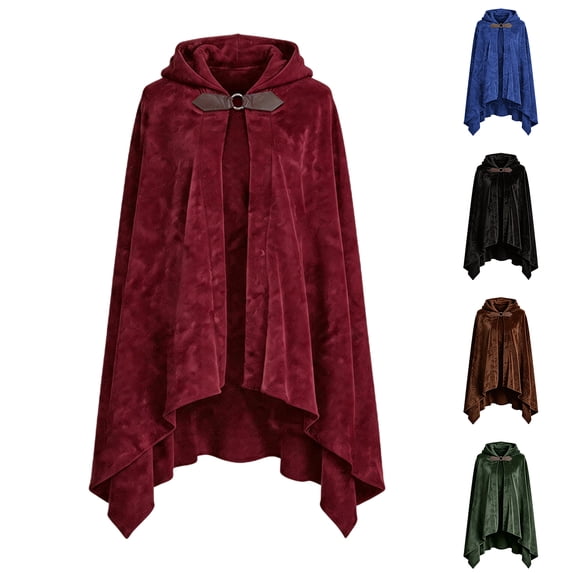 O Ring Buckle Short Velvet Cape, O Ring Buckle Short Velvet Hooded Cape, Irregular Hem Wizard Warlock Mini Cloak for Adult Halloween Gothic Cosplay, 4 Color Soft Velvet Costume Accessory, Red L