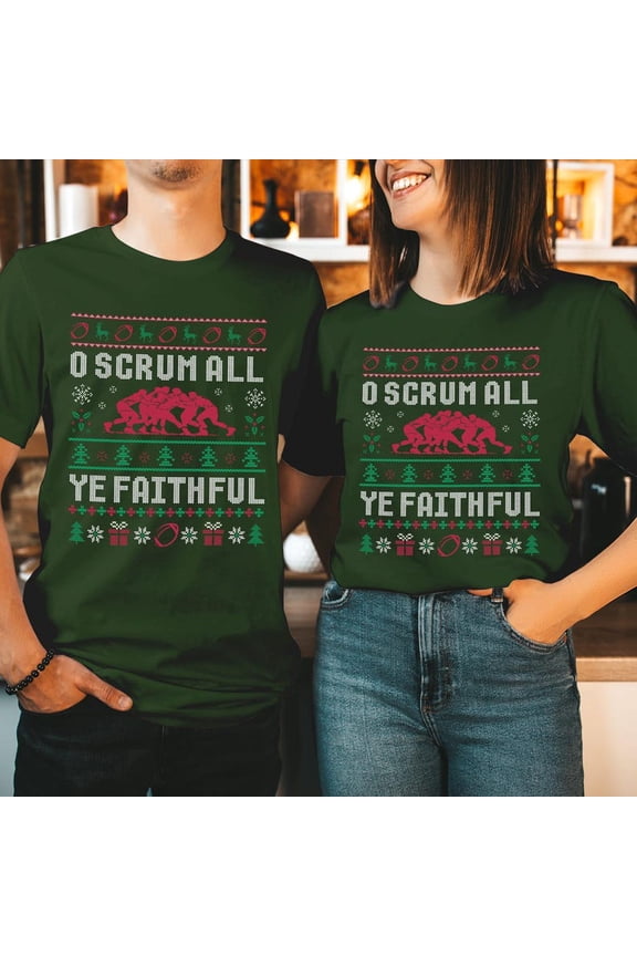 O Scrum All Ye Faithful Christmas Shirt, Funny Rugby Ugly Xmas Sweater Tee, Rugby Fan Holiday Gift