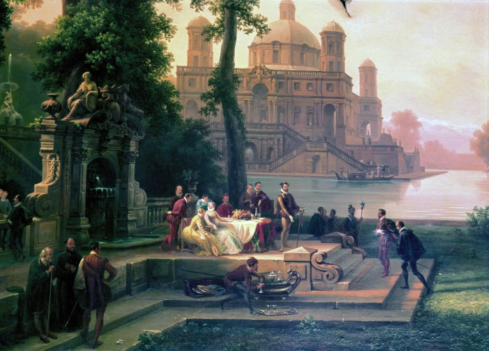 O Tasso In The Gardens Of The Park (Emanuele Filiberto Riceve Torquato Tasso Nei Giardini Del Parco) Canvas Art - (24 x 18)