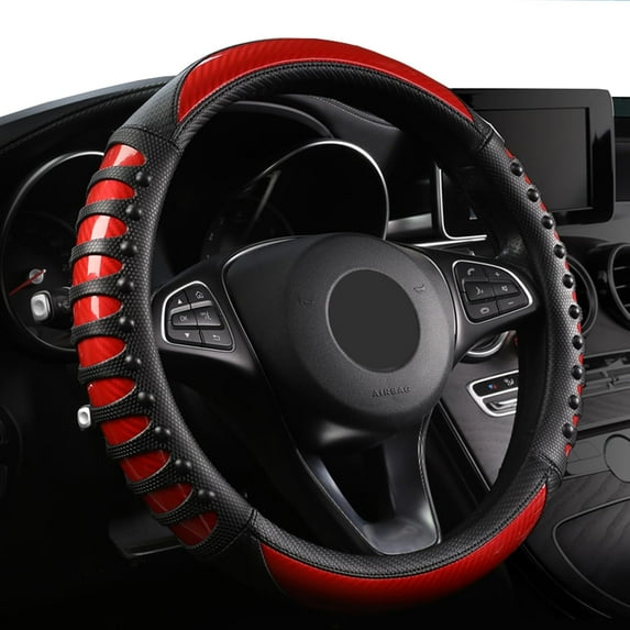 O Type Car Steering Wheel Cover, Premium Leather Steering Wheel Protectors, Super Non-slip Universal O Shape Steering Accessories 15 Inch, Red