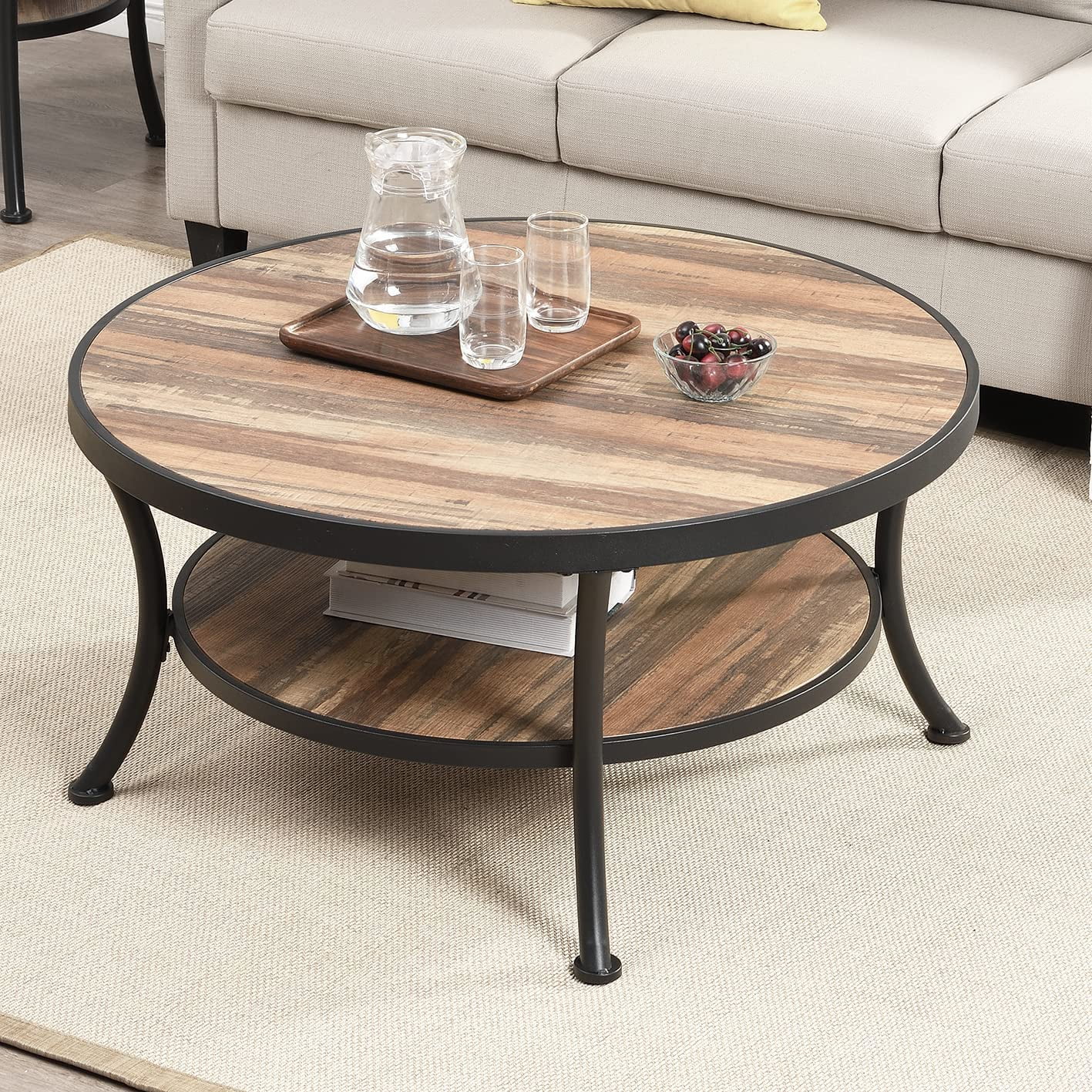 O&K FURNITURE Rustic Round Coffee Table for Living Room 2 Tier ...