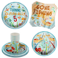 thumbnail image 1 of O'fishally Five Fishing Party Supplies - Boys 5th Birthday - Little Fisherman Birthday Party Supplies 64 Piece Tableware Set Includes Large 9" Paper Plates Dessert Plates, Cups and Napkins Kit for 16, 1 of 9