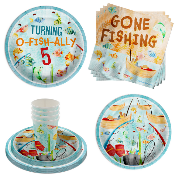O'fishally Five Fishing Party Supplies - Boys 5th Birthday - Little Fisherman Birthday Party Supplies 64 Piece Tableware Set Includes Large 9" Paper Plates Dessert Plates, Cups and Napkins Kit for 16