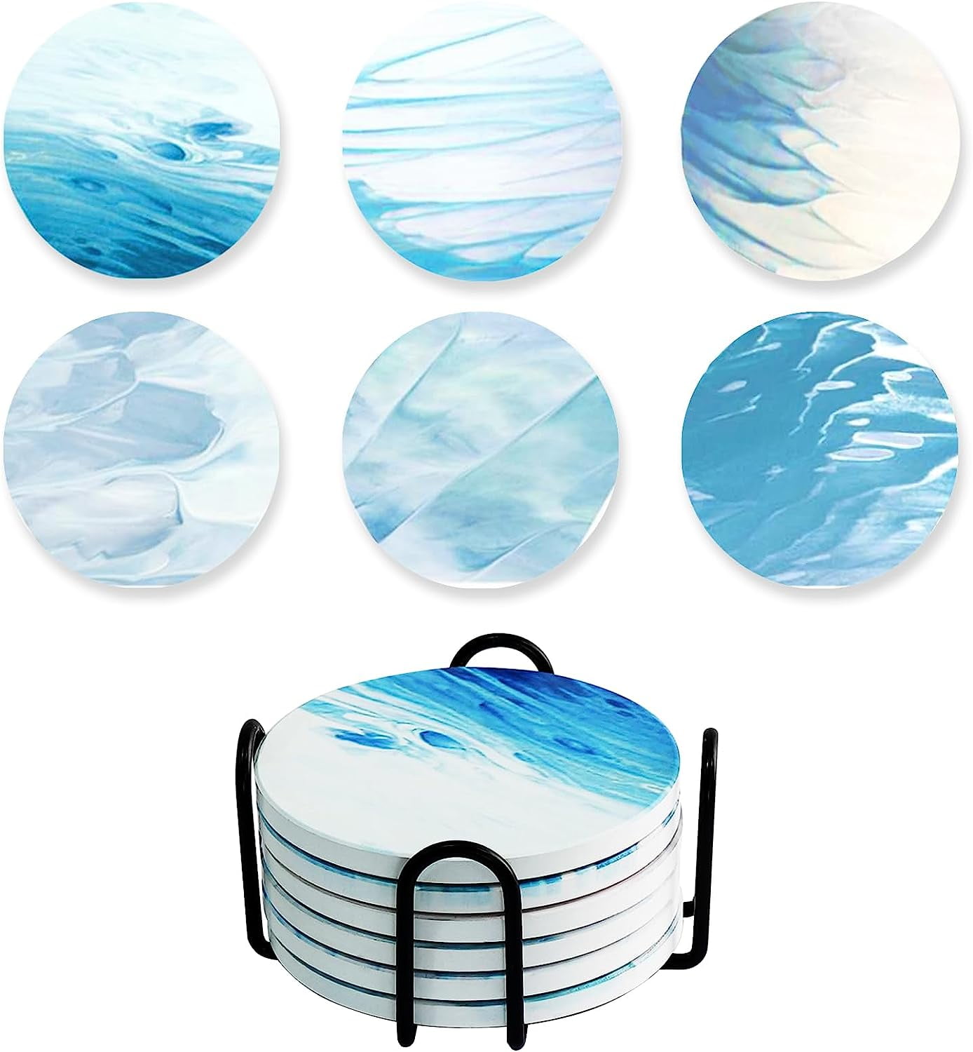 O'force Coasters for Drinks Set of 6, Ocean Style Drink Coasters with