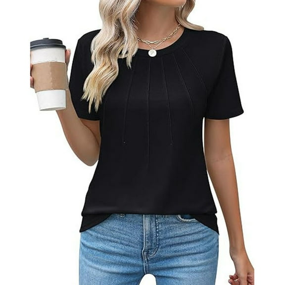 New O-neck Pleated Short sleeved T-shirt Solid Top Casual Summer All-match 2024 Lady Trend Simple Vintage Women Clothing