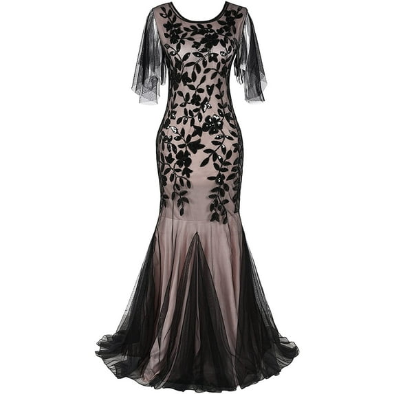 O-neck Short-Sleeve Tulle Embroider Evening Dress Elegant Mermaid Vintage 1920s Party Dress Great Gatsby Sequin Dress Long