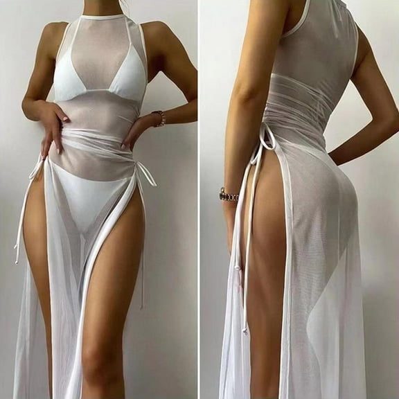 O-neck Side High Split Shirring Cover Up Dress Women Mesh Transparent Sleeveless Sunscreen Dress for Vacation