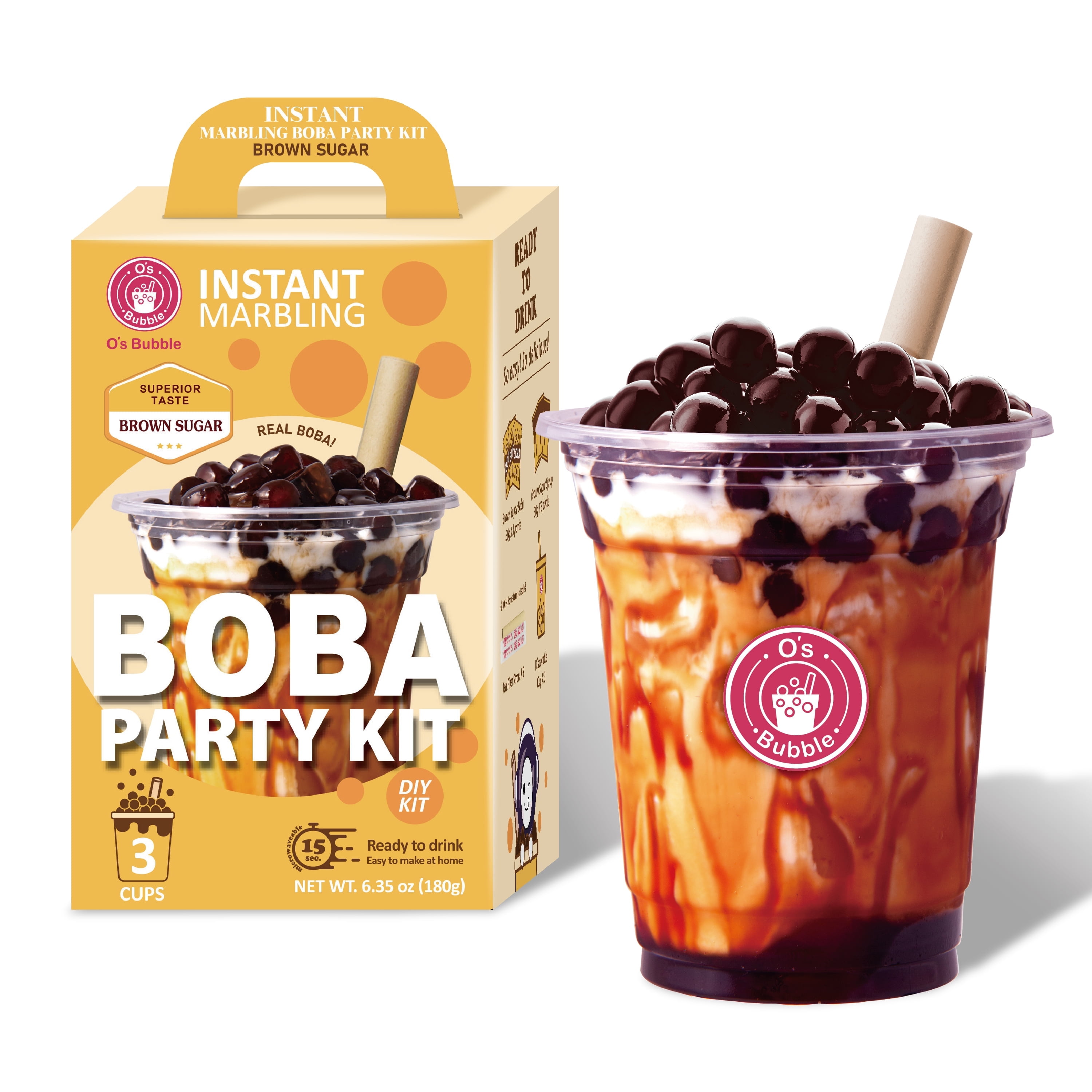 Os Bubble Instant Brown Sugar Marbling Boba Party Kit 3 Servings Syrup with Chewy Tapioca Pearls, Includes Cups & Tea Fiber Straws
