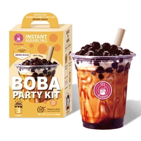Os Bubble Instant Brown Sugar Marbling Boba Party Kit 3 Servings Syrup with Chewy Tapioca Pearls, Includes Cups & Tea Fiber Straws