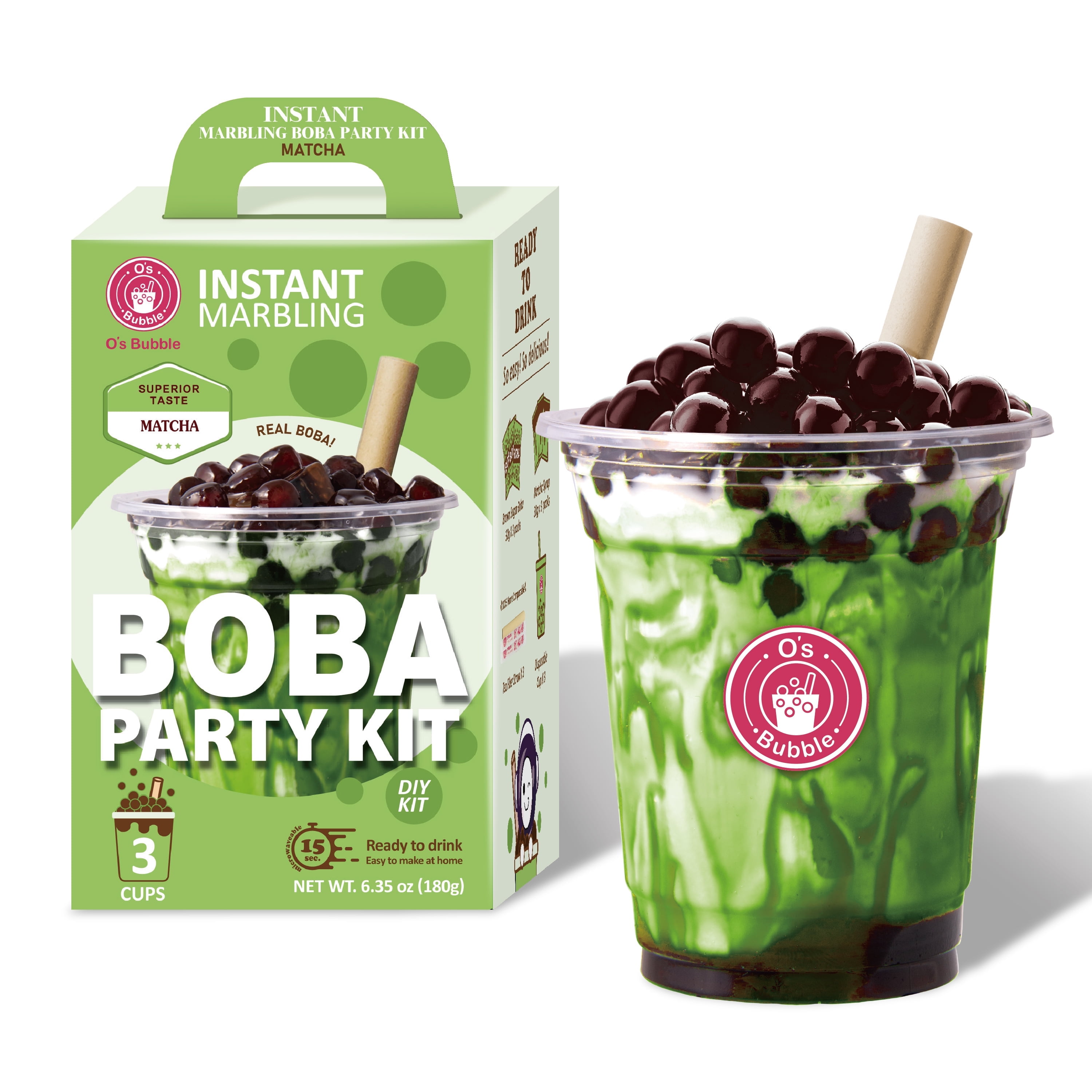 Os Bubble Instant Matcha Marbling Boba Party Kit 3 Servings Syrup with Chewy Tapioca Pearls, Includes Cups & Tea Fiber Straws