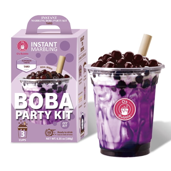 Os Bubble Instant Taro Marbling Boba Party Kit  3 Servings  Taro Syrup with Chewy Tapioca Boba Pearls, Includes Cups & Tea Fiber Straws