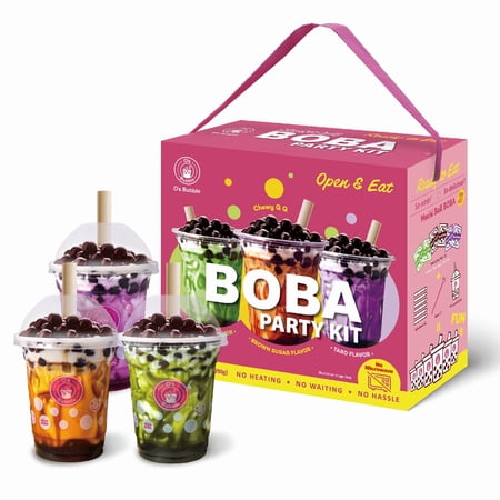 O’s Bubble Open-to-Eat Boba Party Kit – 6 Servings – classic 3 Variety Flavors - Brown Sugar, Matcha, Taro Glazed No Cooking Boba Packets