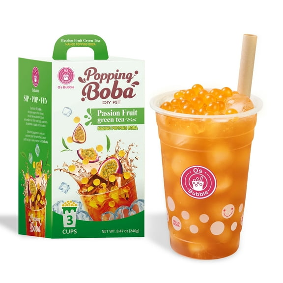 O’s Bubble Popping Boba DIY Kit – 3 Servings – Refreshing Passion Fruit Green Tea with Juicy Mango Popping Boba