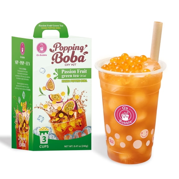Os Bubble Popping Boba DIY Kit  3 Servings  Refreshing Passion Fruit Green Tea with Juicy Mango Popping Boba