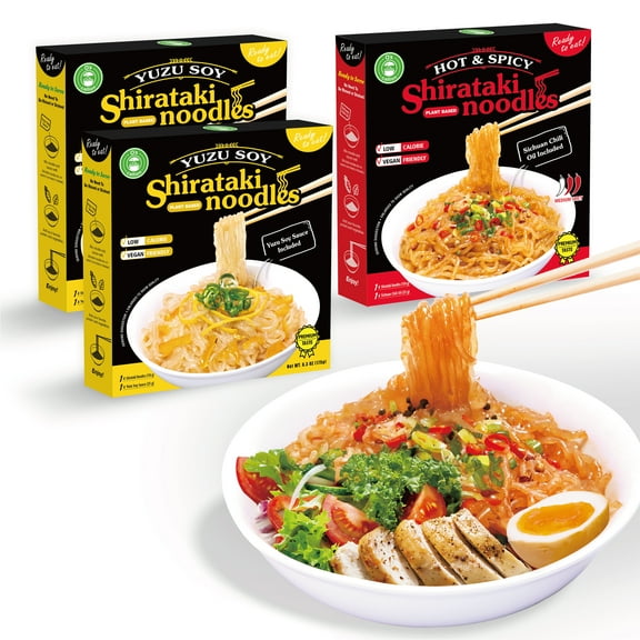 Oscallion Variety Shirataki Noodle Kit 3-Pack Konjac Shirataki Noodles with Japanese Yuzu Soy Sauce & Sichuan Chili Oil Flavors