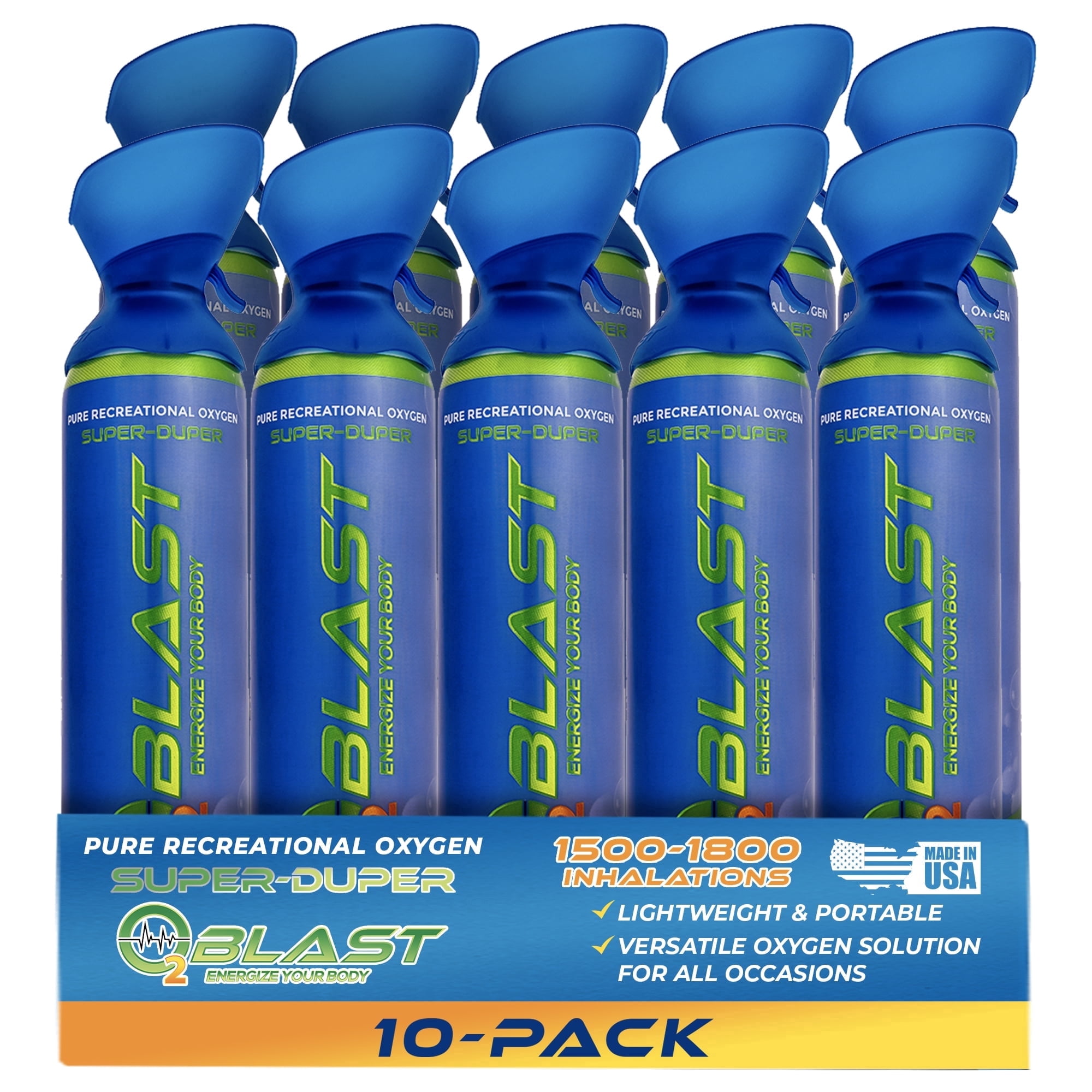 O2 Blast“ Pure Oxygen for Energy, Recovery & Performance - 10-Liter Can with Custom Breathing Mask, Pack of 10