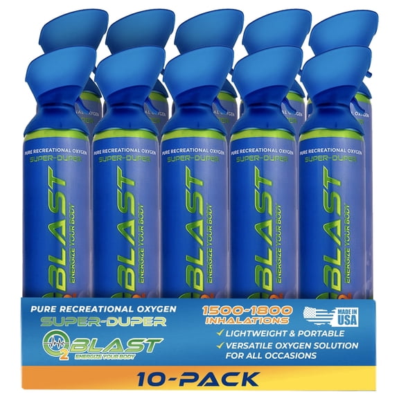O2 Blast“ Pure Oxygen for Energy, Recovery & Performance - 10-Liter Can with Custom Breathing Mask, Pack of 10