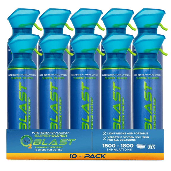O2 Blast Pure Oxygen for Energy, Recovery & Performance - 10-Liter Can with Custom Breathing Mask, Pack of 10