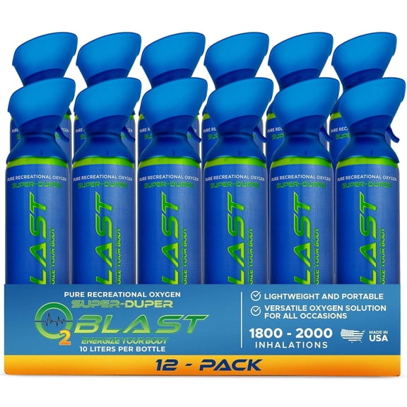 O2 Blast Pure Oxygen for Energy, Recovery & Performance - 10-Liter Can with Custom Breathing Mask, Pack of 12