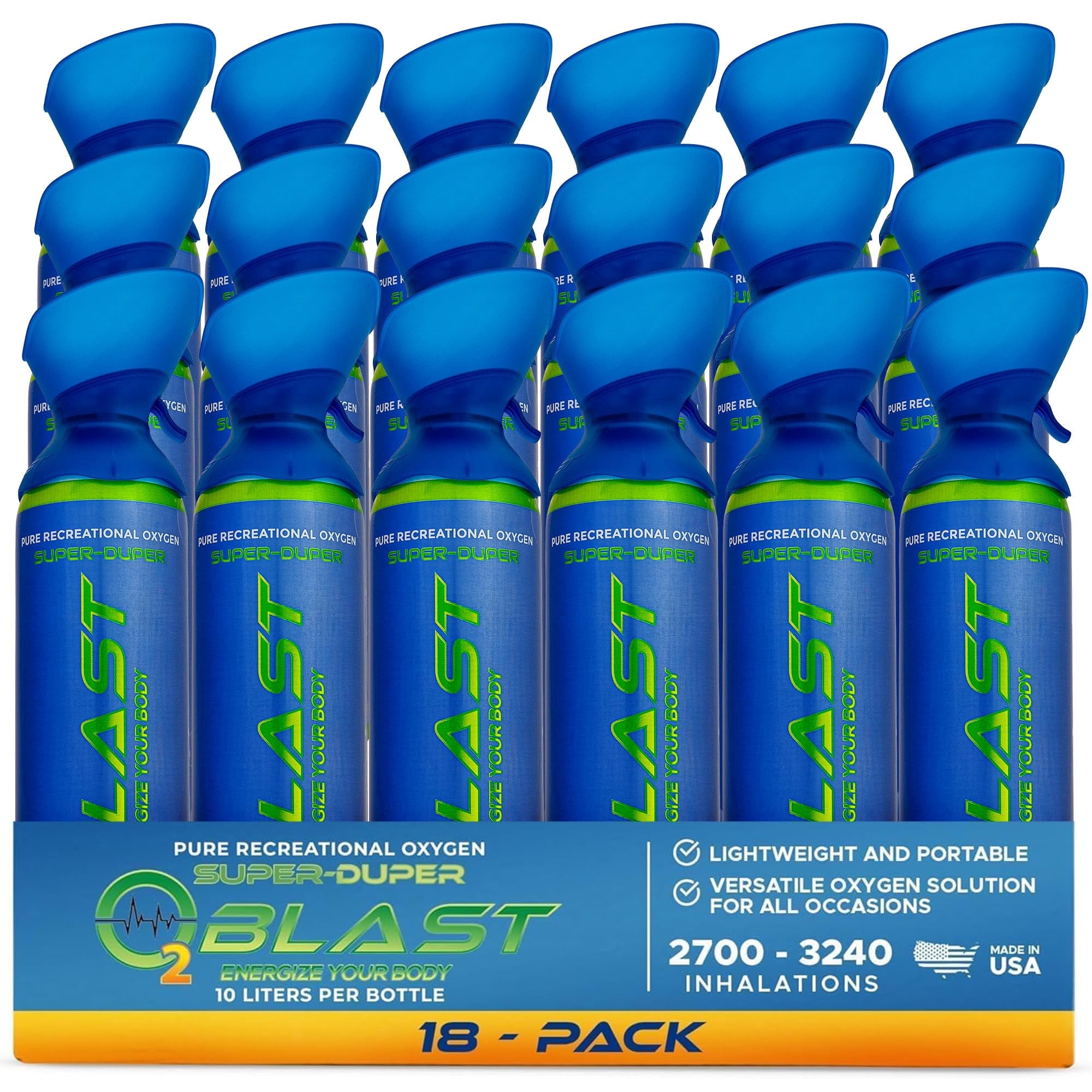 O2 Blast“ Pure Oxygen for Energy, Recovery & Performance - 10-Liter Can with Custom Breathing Mask, Pack of 18