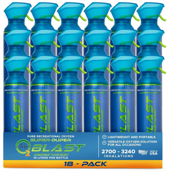O2 Blast Pure Oxygen for Energy, Recovery & Performance - 10-Liter Can with Custom Breathing Mask, Pack of 18