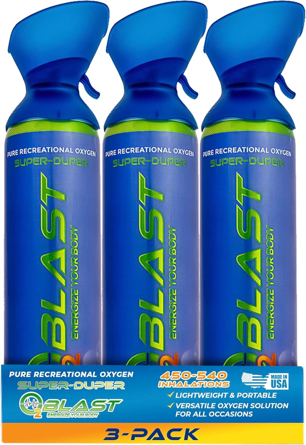 O2 Blast - Pure Oxygen Supplement, Filled with 99.99% Pure Oxygen with Custom Breathing Mask, Stamina, Focus & Recovery Support, 10L, 3-Pack