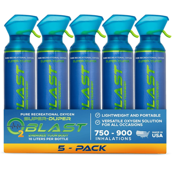O2 Blast Pure Oxygen for Energy, Recovery & Performance - 10-Liter Can with Custom Breathing Mask, Pack of 5
