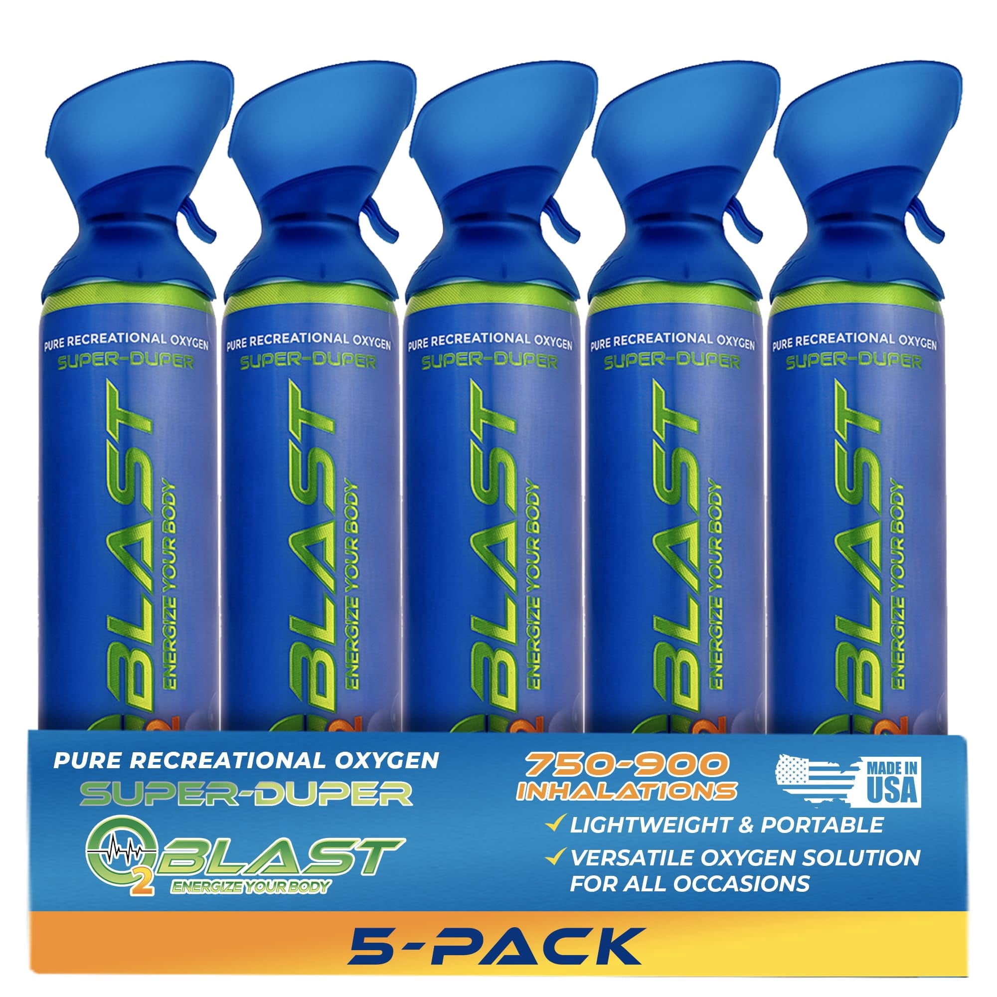 O2 Blast“ Pure Oxygen for Energy, Recovery & Performance - 10-Liter Can with Custom Breathing Mask, Pack of 5