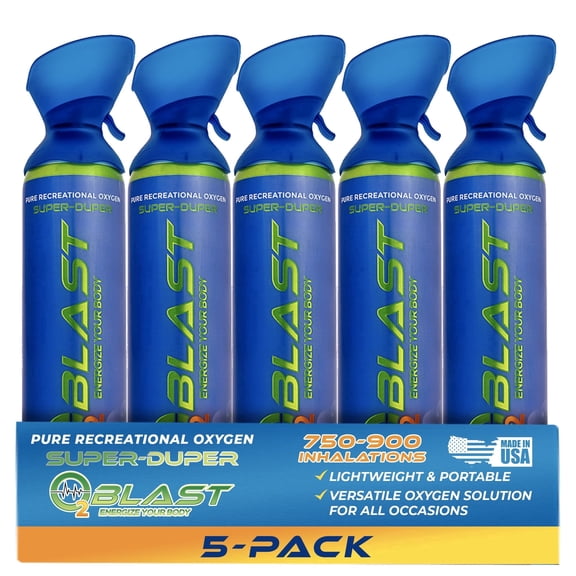 O2 Blast Pure Oxygen for Energy, Recovery & Performance - 10-Liter Can with Custom Breathing Mask, Pack of 5