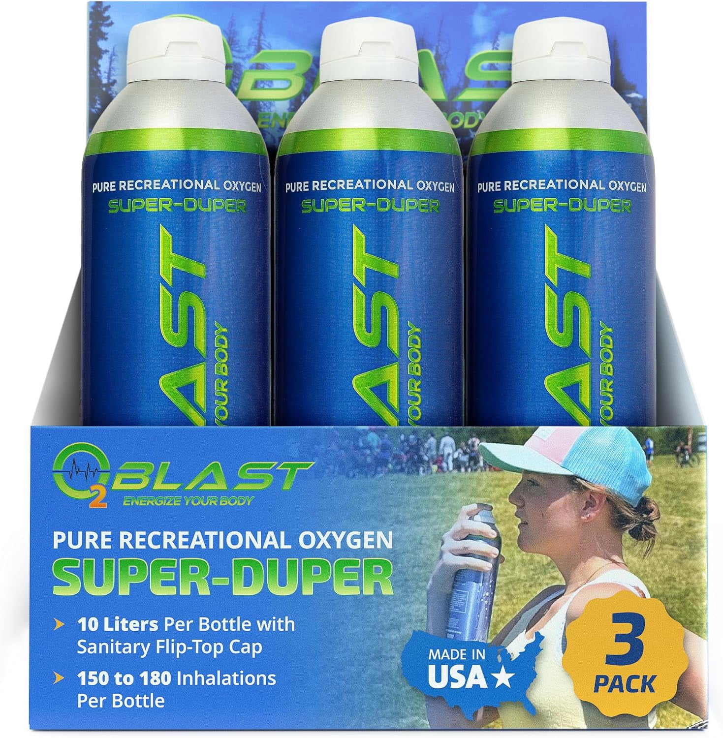 O2 Blast Pure Oxygen for Energy, Recovery & Performance - 10-Liter Can with Sanitary Flip Top Cap, Pack of 3