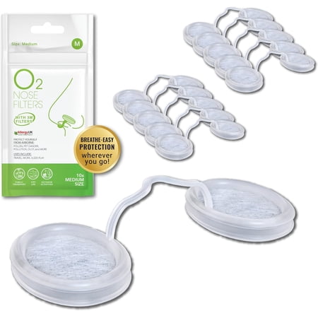 O2 Nose Filters with 3M Filtration - Nasal Screens for Allergies, Dust & Smoke - Drug-Free & Latex-Free Nose Filters - Invisible Allergy Protection (Medium x 10)