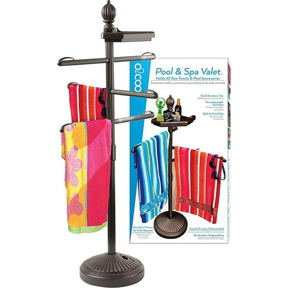 O2COOL Bronze Finish Pool & Spa Valet, Adjustable Pool & Patio Towel Rack Stand, Pool Accessories, Weighted Base Outdoor Pool Rack