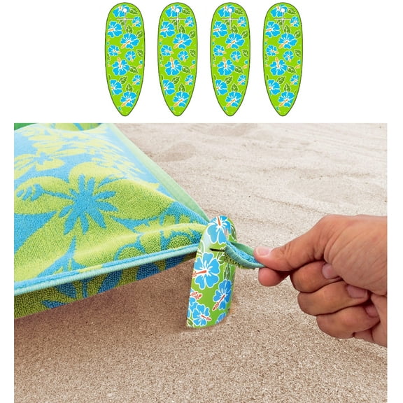 O2COOL Hibiscus Surfboard Beach Towel Sand Stakes 4 Pack Green Hibiscus