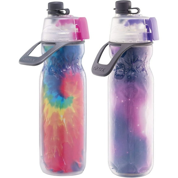 O2COOL Mist N' Sip No Leak Pull Pop Sprout 20 fl oz Water Bottle, 2 Pack, Tie Dye/Celestial Purple