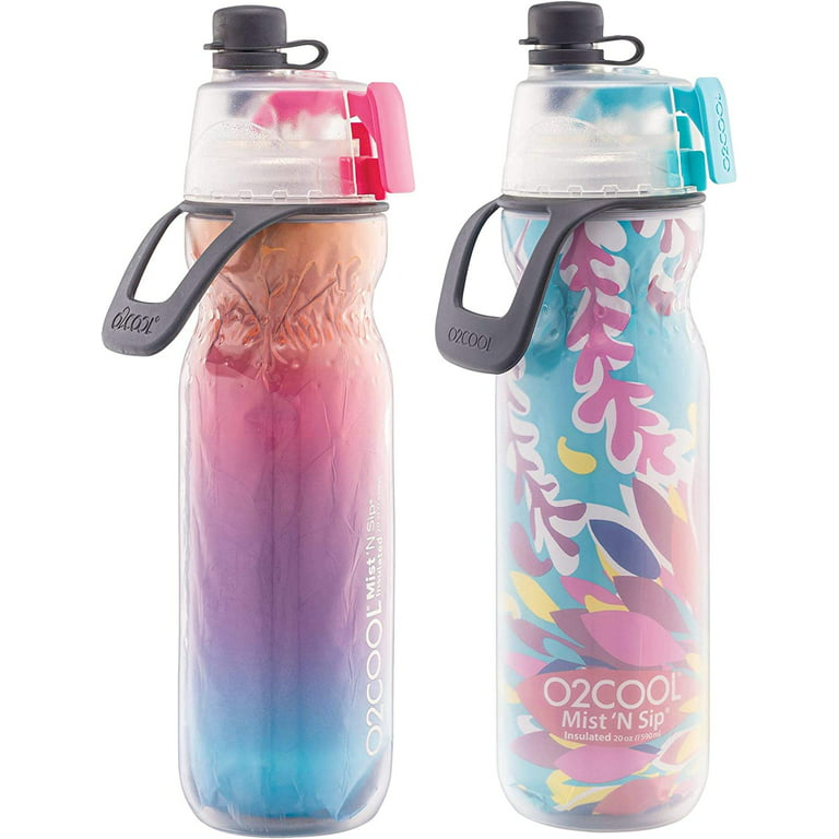 O2cool Arctic Squeeze Insulated Mist 'n Sip Water Bottle | 2 Pack- 20 oz | BPA Free, 2-in-1 Mist and Sip Function w/No Leak Pull Top Spout (Ras