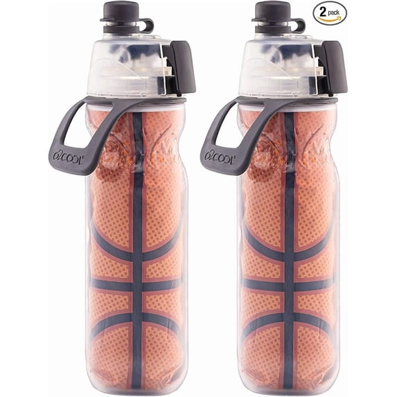 O2COOL Mist 'N Sip Misting Water Bottle 2-in-1 Mist And Sip Function With No Leak Pull Top Spout Reusable Sports Water Bottle (2 Pack) - 20 oz - Basketball