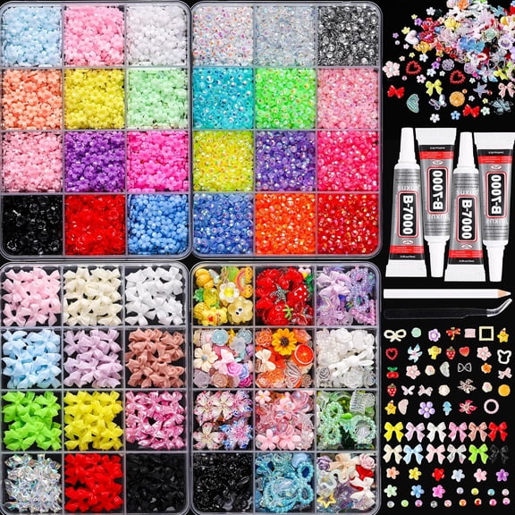 OADUKQ Colorful Macaron Nail Charms Kit, 4 Boxes Pastel Rhinestones Bowknot Flowers & Colorful Nail Art Accessories,Bedazzling Kit Multi-colored 3D DIY for Press On Nails,DIY Manicure