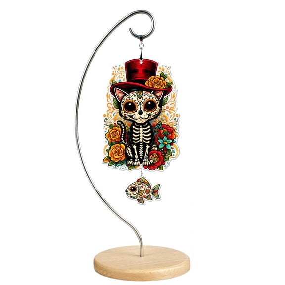 OADUKQ Day of the Dead Skeleton Cat Decor, Acrylic Hanging Animal Figurine, Halloween Gothic Tabletop Shelf Display, 7.87 in