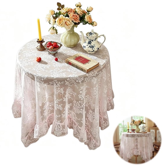 OADUKQ Lace Tablecloth, Round Polyester Table Cover, for Dining Table Decor Tea Parties and Holiday Gatherings, Pink, 59.06 in