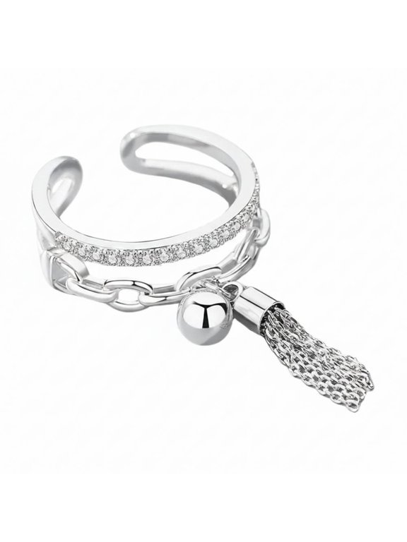 Open Band Ring, Double-Layer Cubic Zirconia and Link Chain, Silver