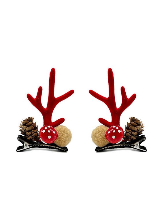Reindeer Antler Hair Clips, 2 Pair Set Cute Pinecone Pom Pom Reindeer Antler Alligator, for School, Travel, Red