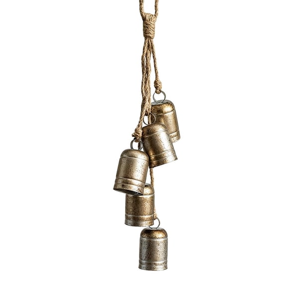 OADUKQ Vintage Christmas Hanging Bells, 5 Bells Rustic Iron Jute, for Front Door Wall and Christmas Tree Decor, Gold, 15.35 in