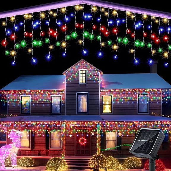 AVOXEZOR 25FT Christmas Light 96LED, Solar Icicle Lights for Outside, Curtain Icicle Lights, Christmas String Lights for House Yard Garden Xmas Decor, Multicolor