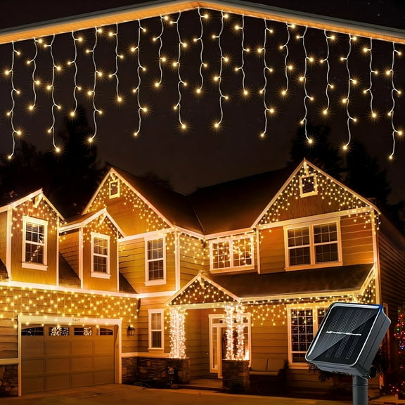 AVOXEZOR 25FT Christmas Light 96LED, Solar Icicle Lights for Outside, Curtain Icicle Lights, Christmas String Lights for House Yard Garden Xmas Decor, Warm White
