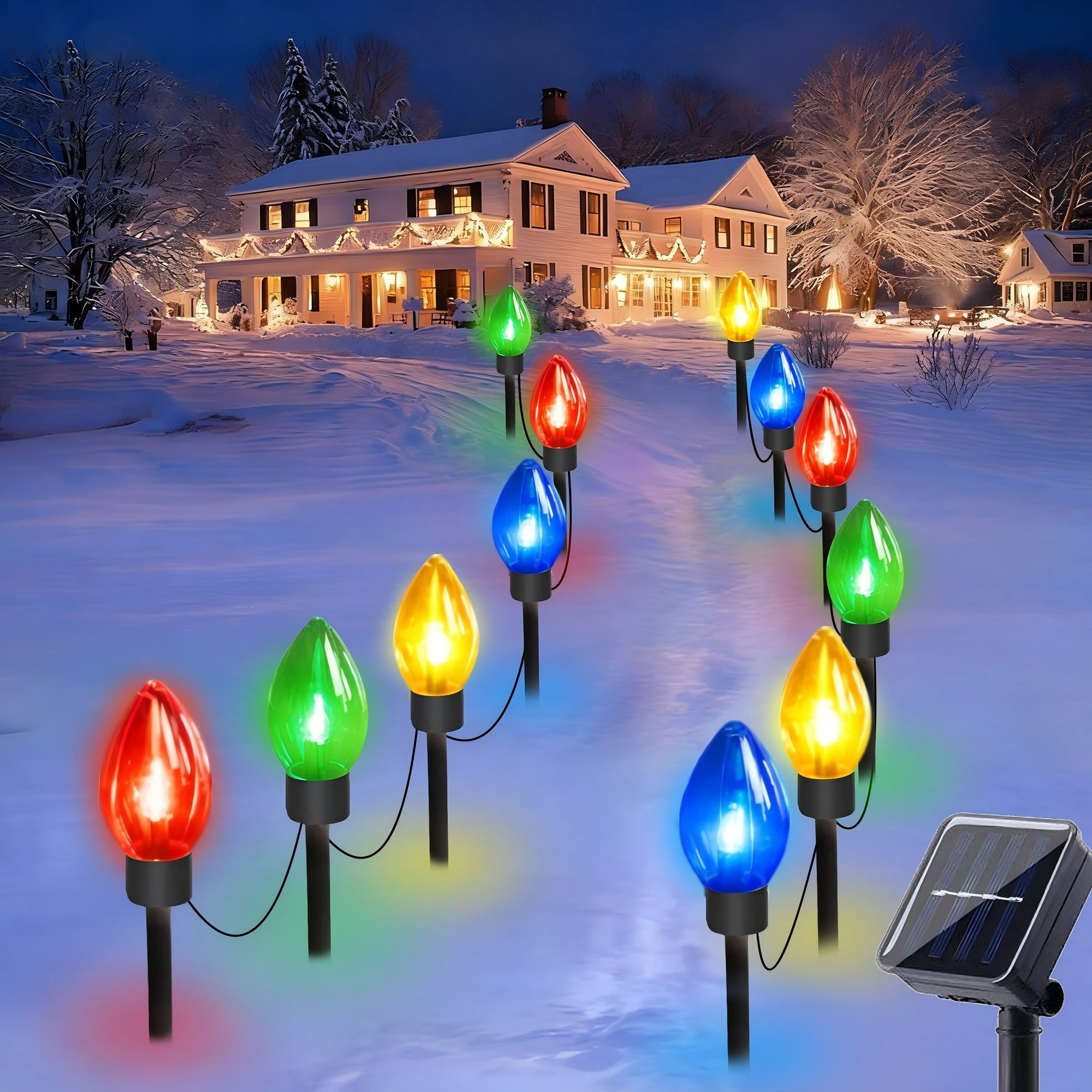 AVOXEZOR Christmas Light, C9 Solar Outdoor Christmas Decoration Lights 12LED with Big Bulbs, Waterproof Christmas String Light Ground Plug Lights for Patio Garden Lawn